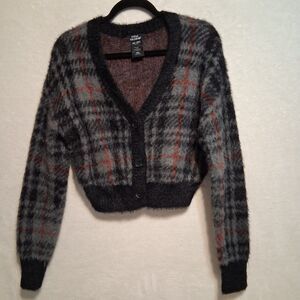 Hot Topic Social Collision M Cardigan Sweater Gray Plaid Cropped Gothic Punk